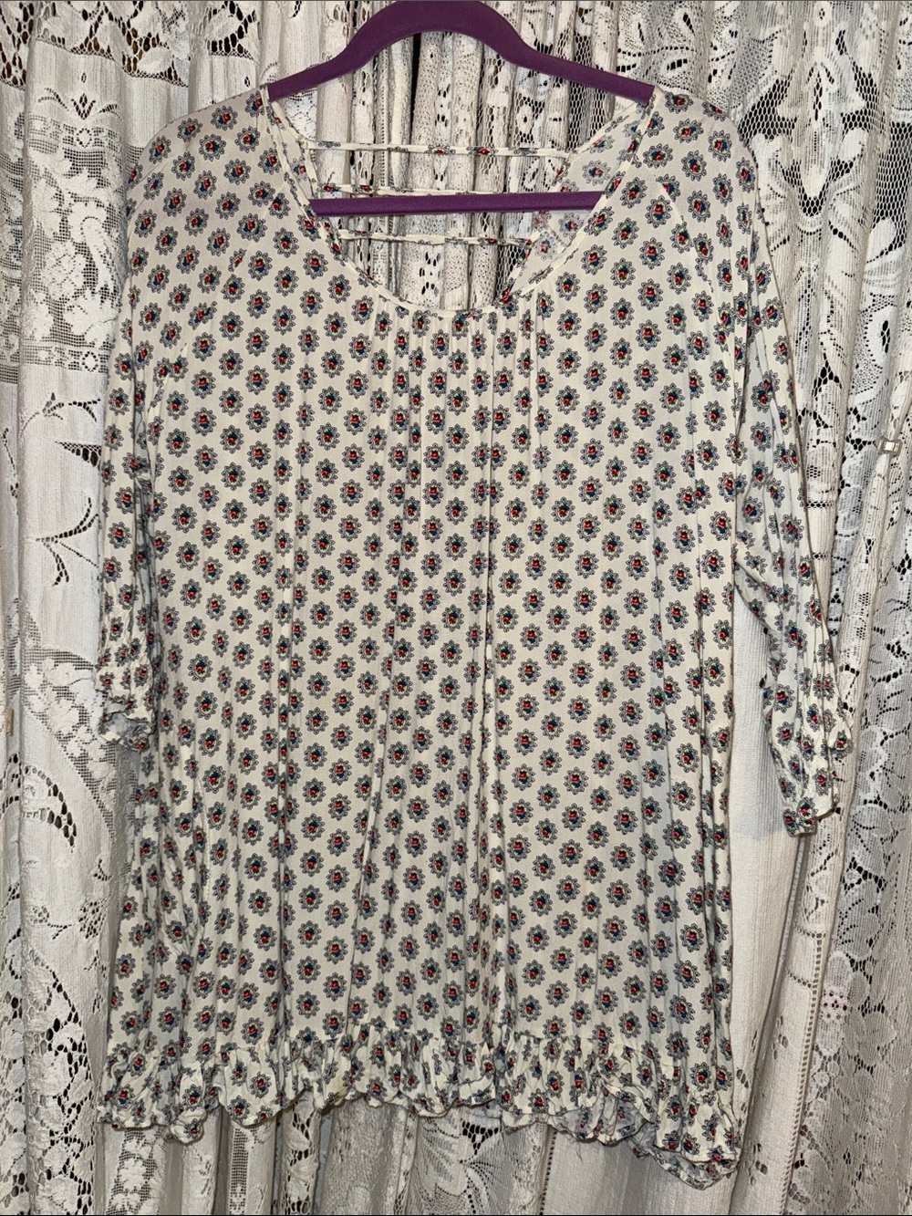 JODIFL Cream Floral-Print Scoop Neck Tunic